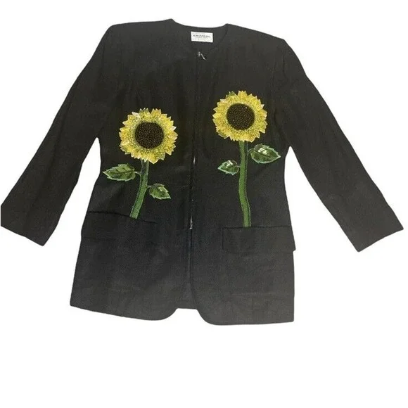 Vtg Emanuel Ungaro Beaded Sequin 3D Sunflowers Linen Designer Black Jacket 10/12